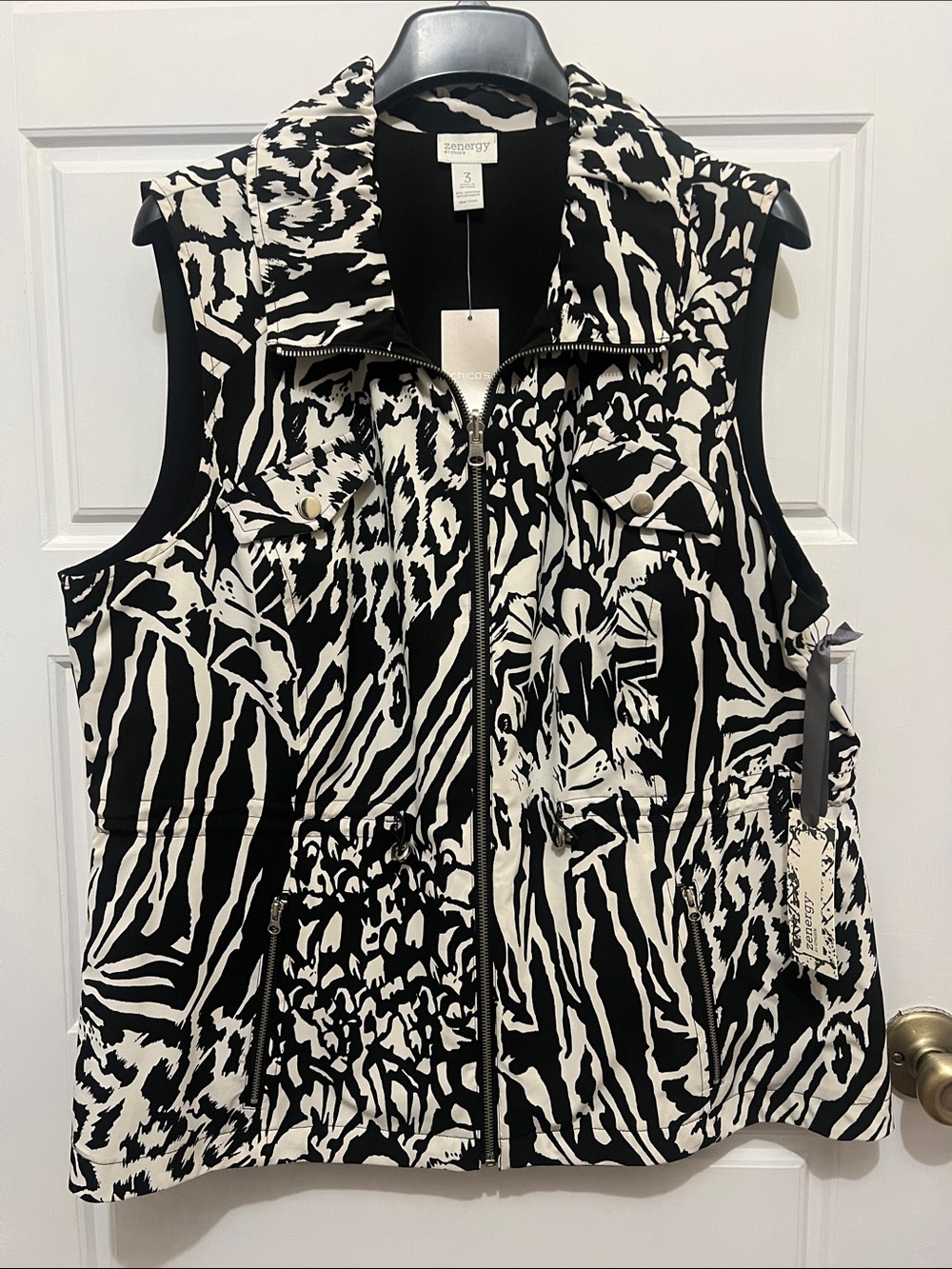 Chico's Black & White Reversible Printed Zip-Front Vest